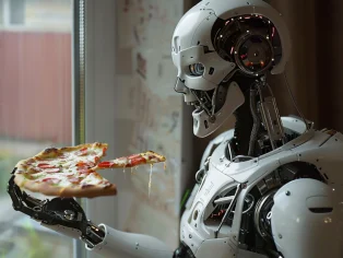 Robot hledí na pizzu, umělou inteligencí vygenerované ilustrační foto. Foto: Midjourney